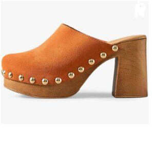 YDN Tan Brown Platform Slip On Clogs Mules Cork High Heel Round Toe Rivet Sandal